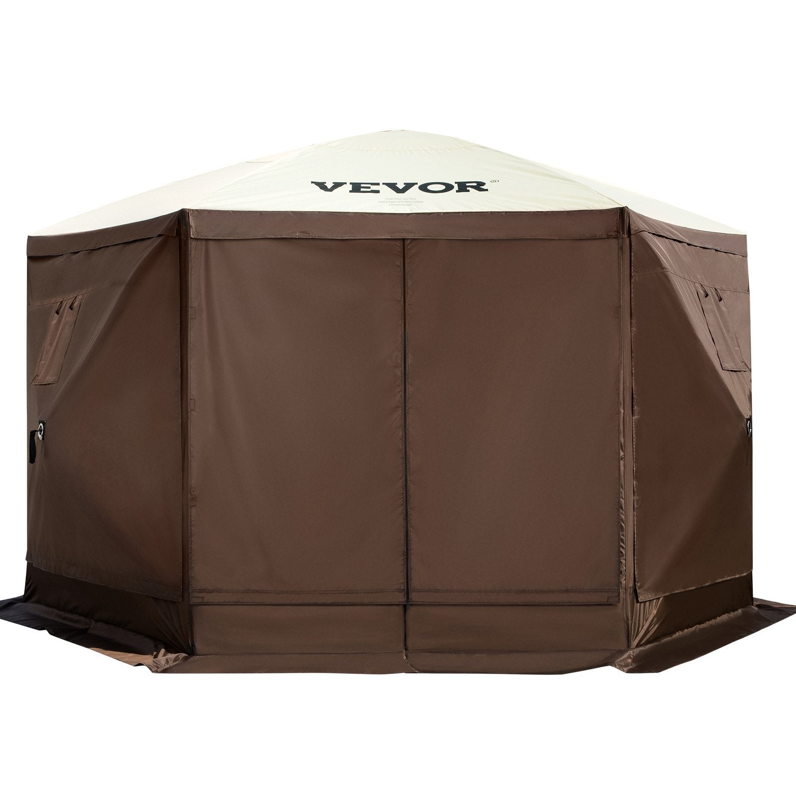 VEVOR Camping Gazebo Screen Tent, 6 Sided Pop Up Canopy Shelter Tent With Mesh Windows, Portable Carry Bag, Stakes, Large Shade Tents For Outdoor Camping, Lawn And Backyard, Brown Beige - Campify Life