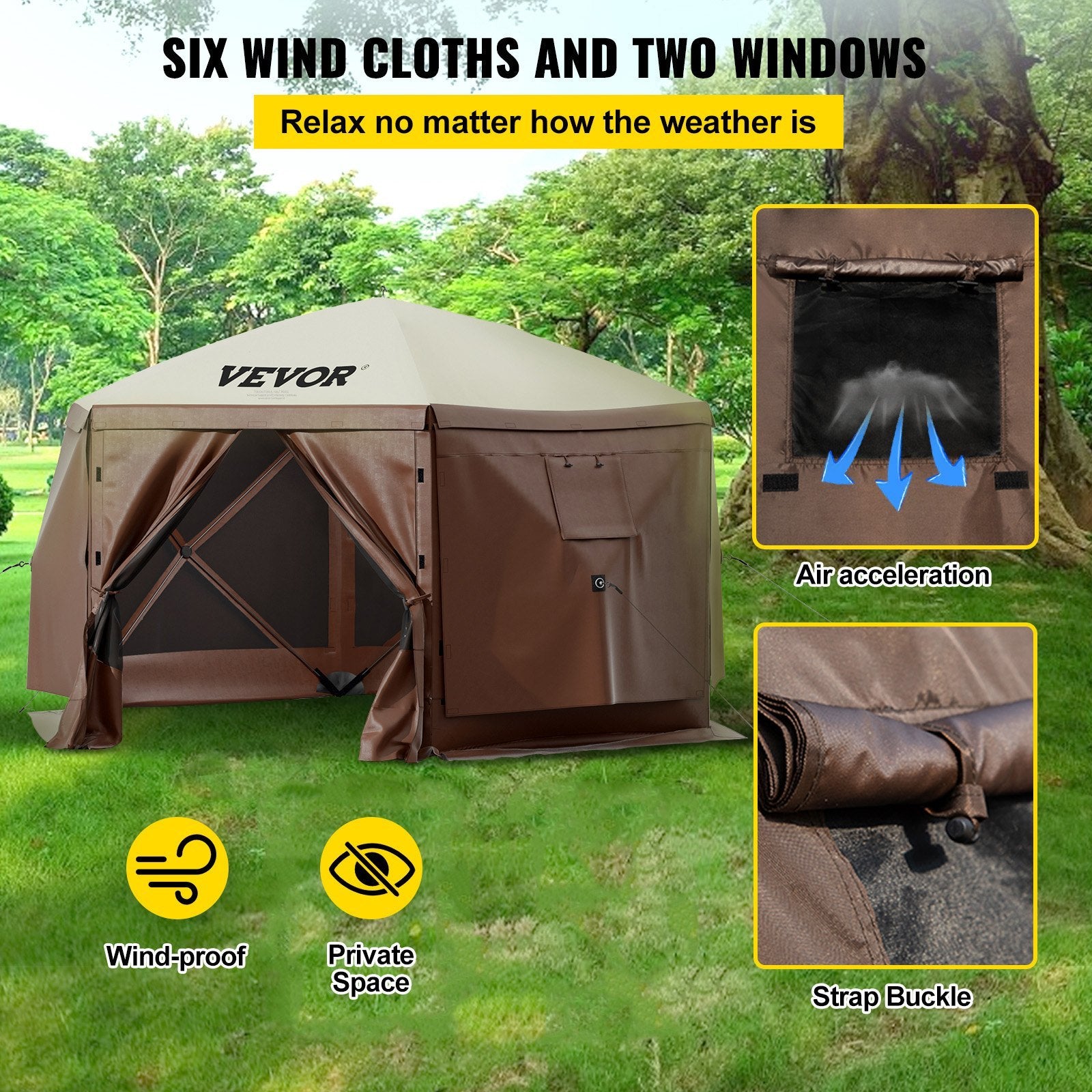 Outdoor canopy tent with wind cloths and windows, featuring VEVOR branding, on a grassy area with trees.