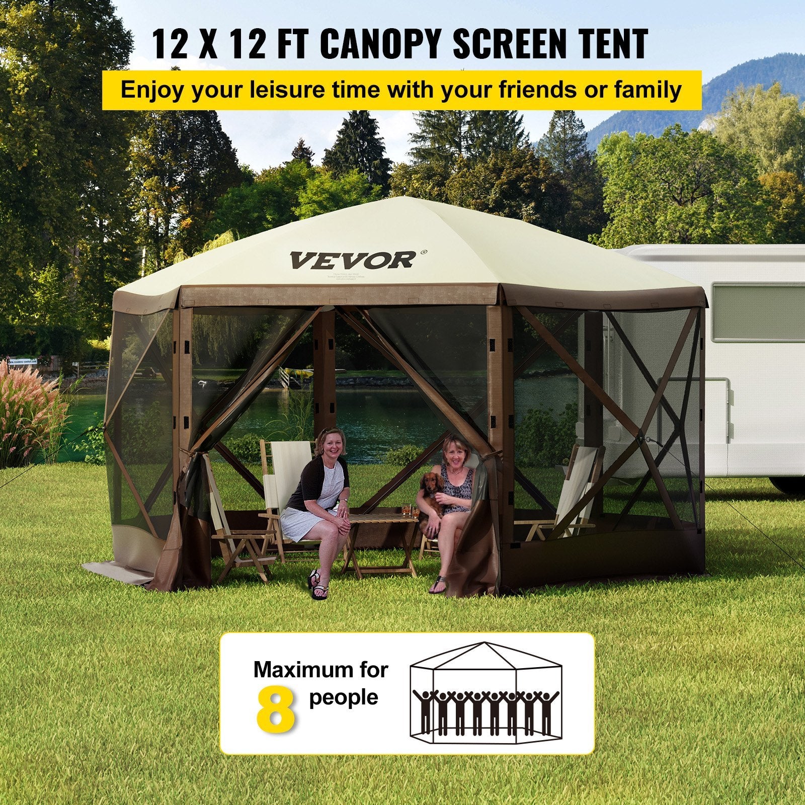 VEVOR Camping Gazebo Screen Tent, 6 Sided Pop Up Canopy Shelter Tent With Mesh Windows, Portable Carry Bag, Stakes, Large Shade Tents For Outdoor Camping, Lawn And Backyard, Brown Beige - Campify Life