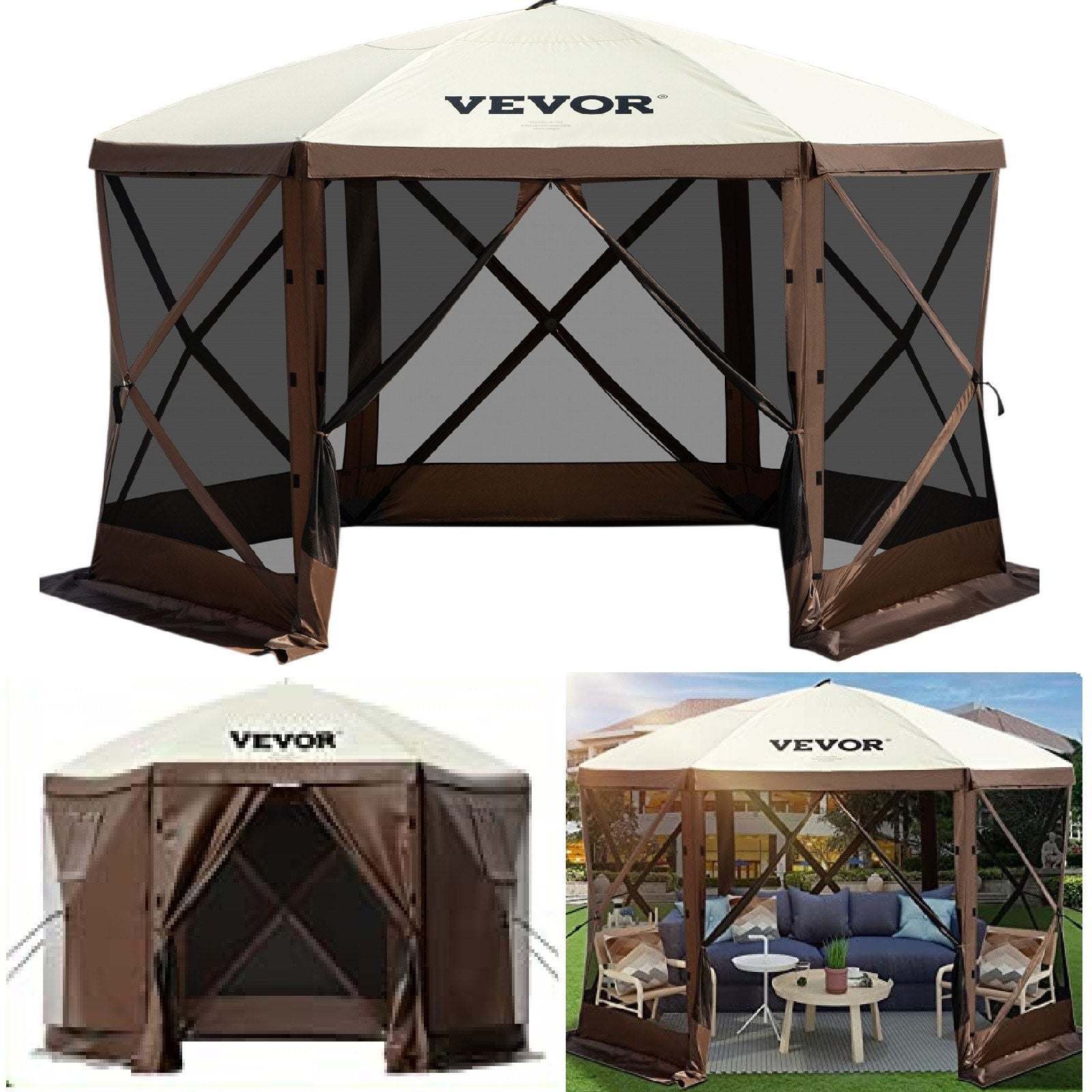 VEVOR Camping Gazebo Screen Tent, 6 Sided Pop Up Canopy Shelter Tent With Mesh Windows, Portable Carry Bag, Stakes, Large Shade Tents For Outdoor Camping, Lawn And Backyard, Brown Beige - Campify Life